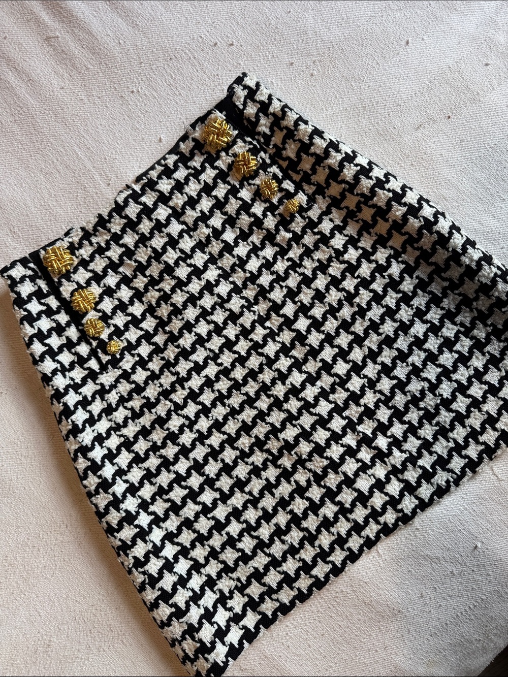 Black & White Houndstooth Mini Skirt with Gold Button Detail